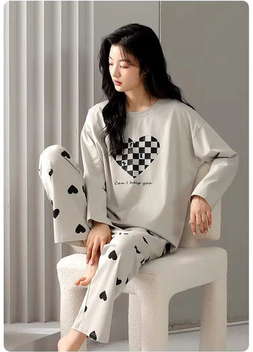Grey Puzzle Heart Print Full Sleeves Night Suit with Heart Printed Trousers