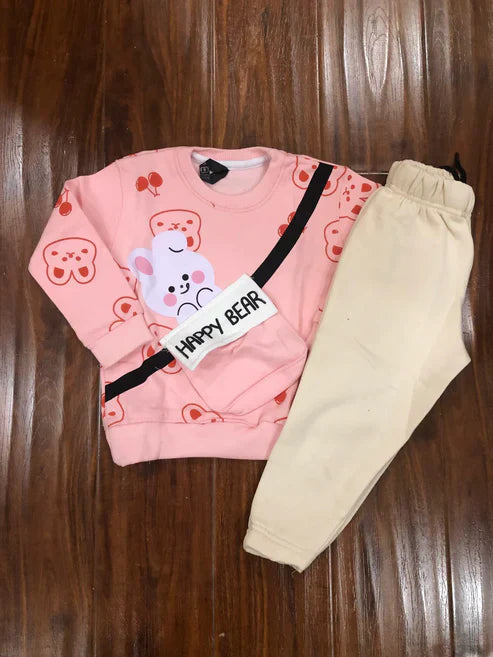 Pink Happy Bear Pocket Sweatshirt with Off White Trouser